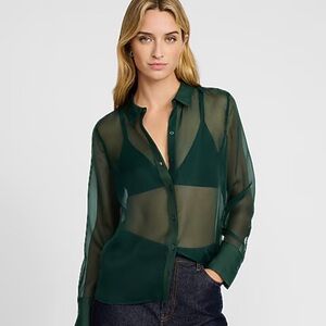 Express Portofino Sheer Button-Down in Dark Green NWT